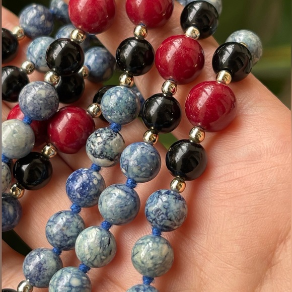 Multi gem jasper onyx gold tone spacer bead long necklace - Picture 4 of 4